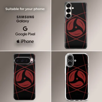 Bold anime design with dynamic red and black elements on phone case. — Collage