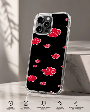 Anime cloud pattern in red and white on black background phone case — Specs