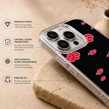 Anime cloud pattern in red and white on black background phone case — Info