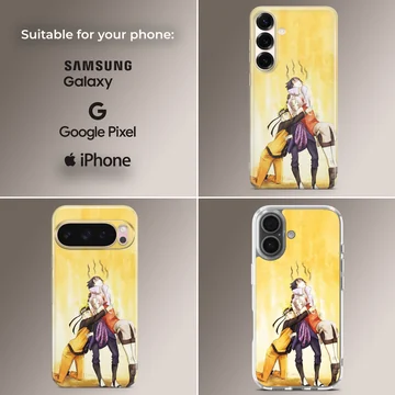 Anime N301 phone case showing playful characters on yellow and orange background — Collage
