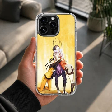Anime N301 phone case showing playful characters on yellow and orange background — Lifestyle