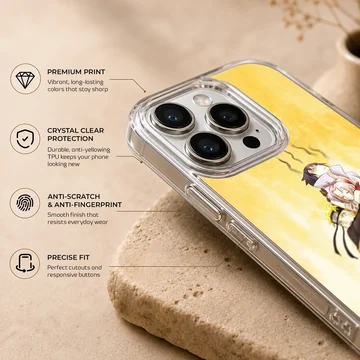 Anime N301 phone case showing playful characters on yellow and orange background — Info