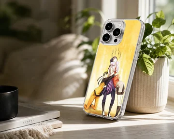Anime N301 phone case showing playful characters on yellow and orange background — Lifestyle