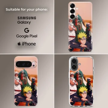 Anime character montage on phone case, featuring vivid colors and bold design. — Collage