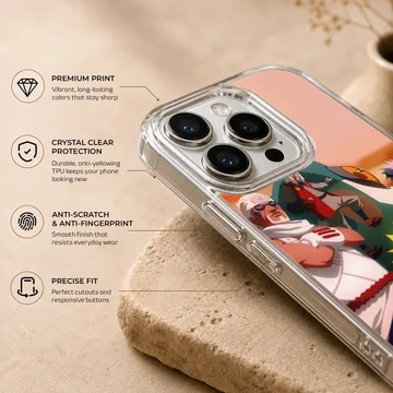 Anime character montage on phone case, featuring vivid colors and bold design. — Info