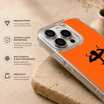 Dynamic orange anime silhouette design on phone case — Info