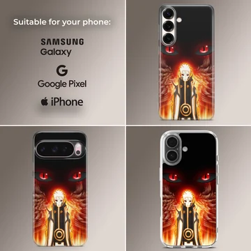 Anime hero with intense eyes and fiery background phone case — Collage