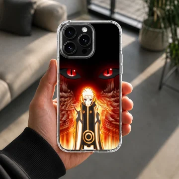 Anime hero with intense eyes and fiery background phone case — Lifestyle