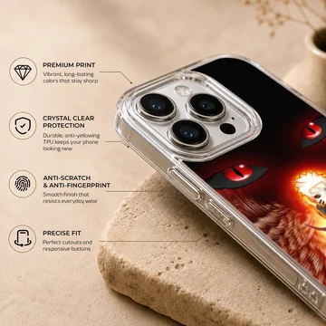 Anime hero with intense eyes and fiery background phone case — Info