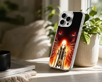 Anime hero with intense eyes and fiery background phone case — Lifestyle