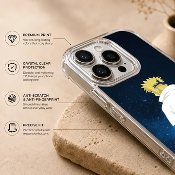 Vivid anime hero on phone case with starry background — Info