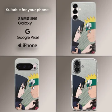 Anime heroes in a dynamic confrontation on a phone case — Collage