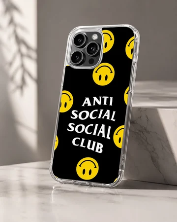 Anti Social Social Club phone case with bold typography and smiley faces — Hero