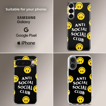 Anti Social Social Club phone case with bold typography and smiley faces — Collage