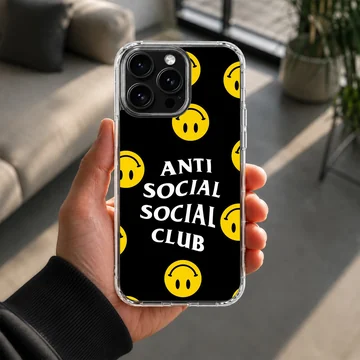 Anti Social Social Club phone case with bold typography and smiley faces — Lifestyle