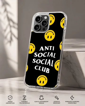 Anti Social Social Club phone case with bold typography and smiley faces — Specs