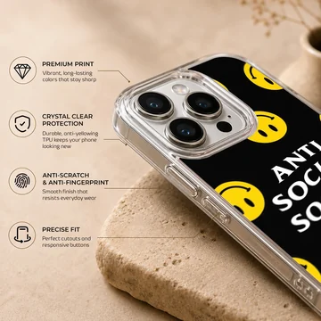 Anti Social Social Club phone case with bold typography and smiley faces — Info