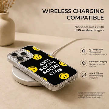 Anti Social Social Club phone case with bold typography and smiley faces — Charging