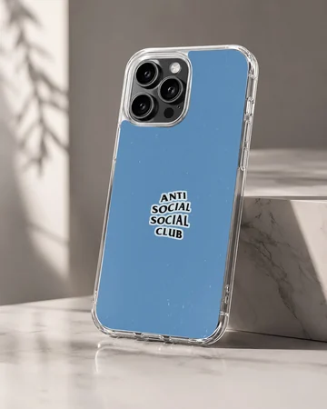 Anti Social Social Club bold text on blue backdrop phone case — Hero