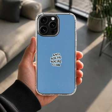 Anti Social Social Club bold text on blue backdrop phone case — Lifestyle