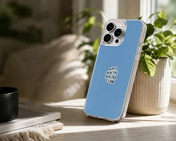 Anti Social Social Club bold text on blue backdrop phone case — Lifestyle