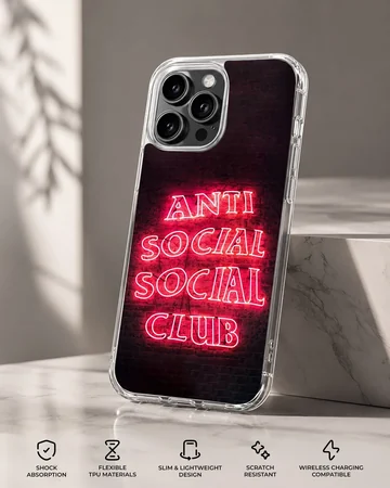 Anti Social Social Club phone case with bold pink neon typography design. — Specs