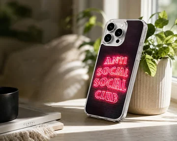 Anti Social Social Club phone case with bold pink neon typography design. — Lifestyle