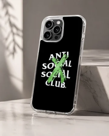 Anti Social Social Club artwork with bold typography on a phone case — Hero