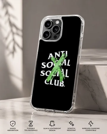 Anti Social Social Club artwork with bold typography on a phone case — Specs