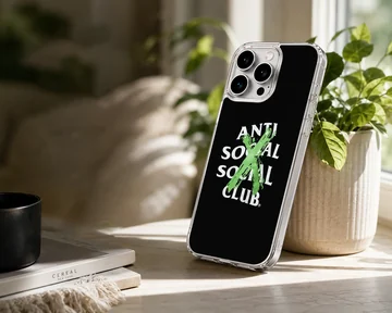 Anti Social Social Club artwork with bold typography on a phone case — Lifestyle