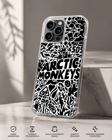 Black and white Arctic Monkeys design on phone case — Specs