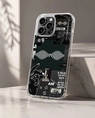 Collage of Arctic Monkeys elements in black and white on phone case