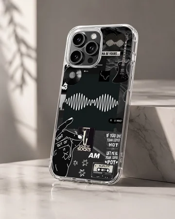 Collage of Arctic Monkeys elements in black and white on phone case — Hero