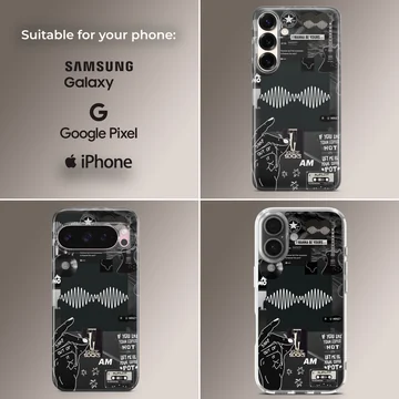 Collage of Arctic Monkeys elements in black and white on phone case — Collage
