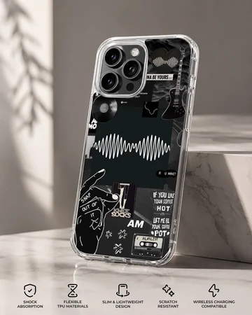 Collage of Arctic Monkeys elements in black and white on phone case — Specs