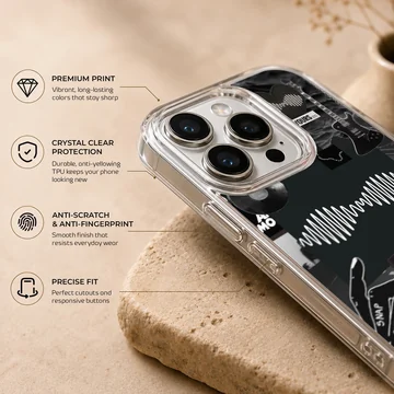 Collage of Arctic Monkeys elements in black and white on phone case — Info