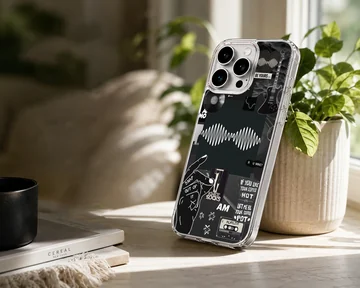 Collage of Arctic Monkeys elements in black and white on phone case — Lifestyle