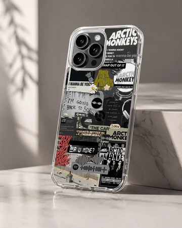 Arctic Monkeys collage featuring bold text and images on phone case — Hero