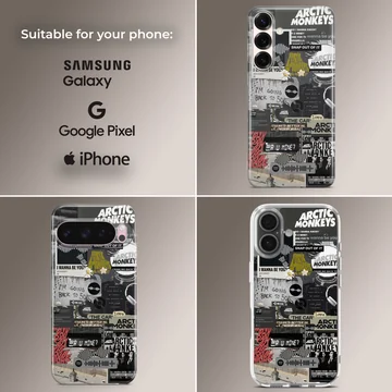 Arctic Monkeys collage featuring bold text and images on phone case — Collage