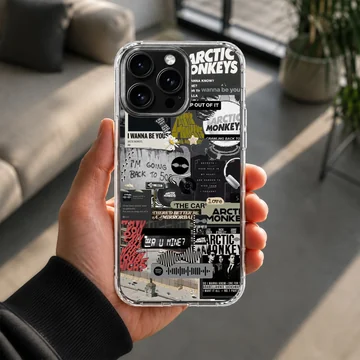 Arctic Monkeys collage featuring bold text and images on phone case — Lifestyle