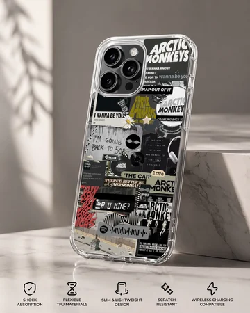 Arctic Monkeys collage featuring bold text and images on phone case — Specs