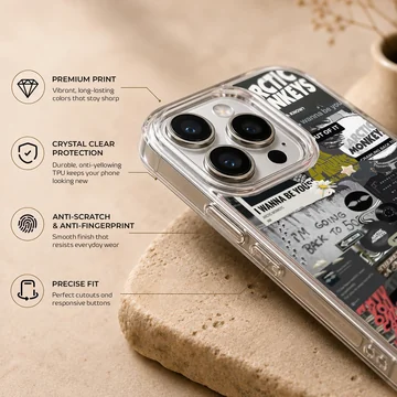 Arctic Monkeys collage featuring bold text and images on phone case — Info