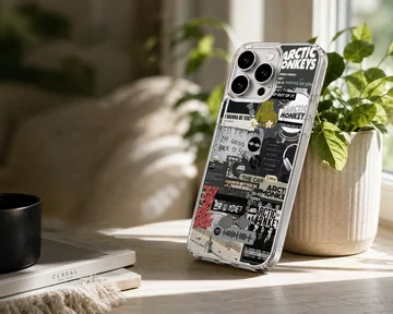 Arctic Monkeys collage featuring bold text and images on phone case — Lifestyle