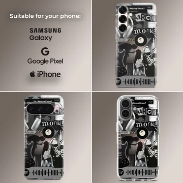 Arctic Monkeys themed phone case with edgy black and white artwork. — Collage