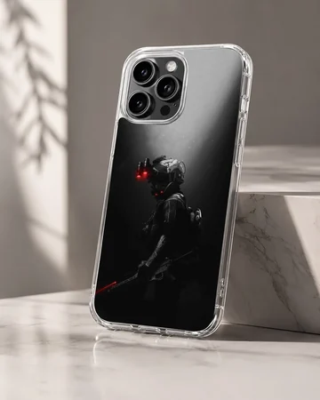 Stealth soldier in tactical gear with a red light phone case — Hero