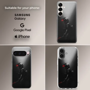 Stealth soldier in tactical gear with a red light phone case — Collage