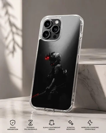 Stealth soldier in tactical gear with a red light phone case — Specs