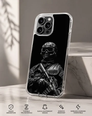 SWAT officer in black and white on Army theme phone case — Specs