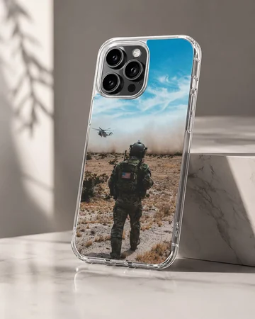 Army design showcasing heroic scene with soldier and helicopter on phone case. — Hero