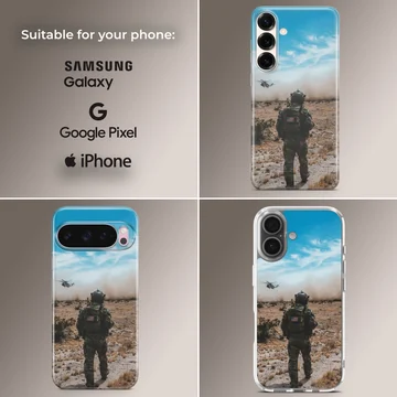 Army design showcasing heroic scene with soldier and helicopter on phone case. — Collage
